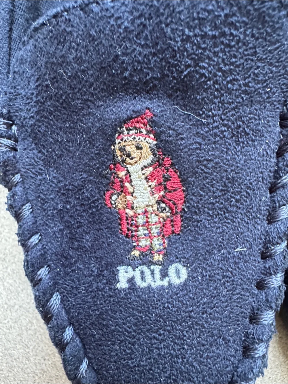 Ralph Lauren Navy Suede Bear Moccasin Slippers